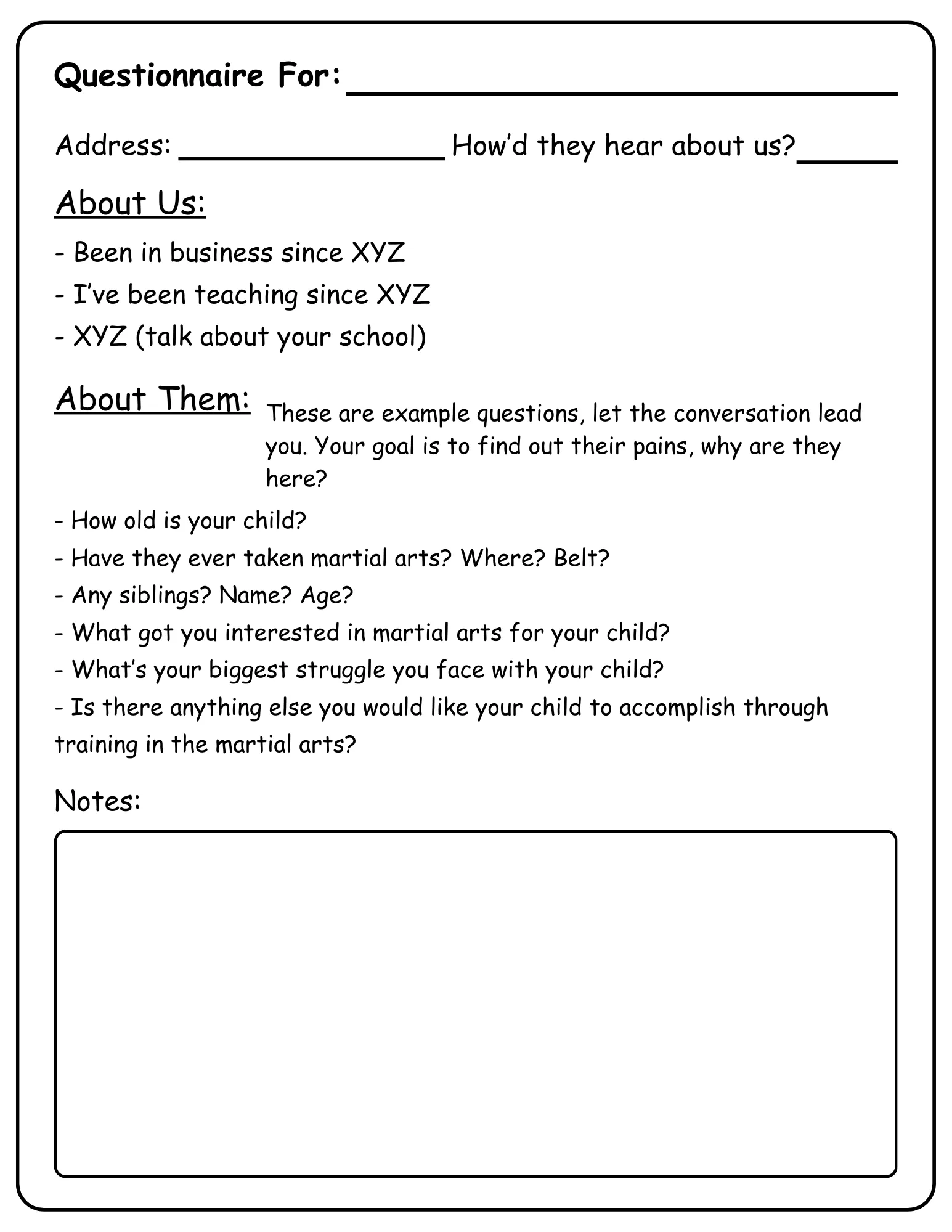 Free Questionnaire for martial arts schools
