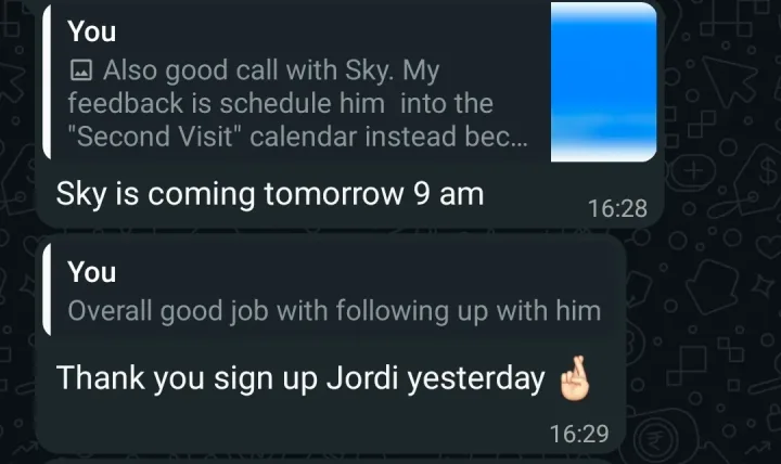 Message from a school owner: "Thank you sign up Jordi yesterday"