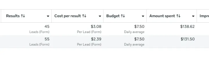 Ads Manager screenshot: 55 leads at $2.39 each