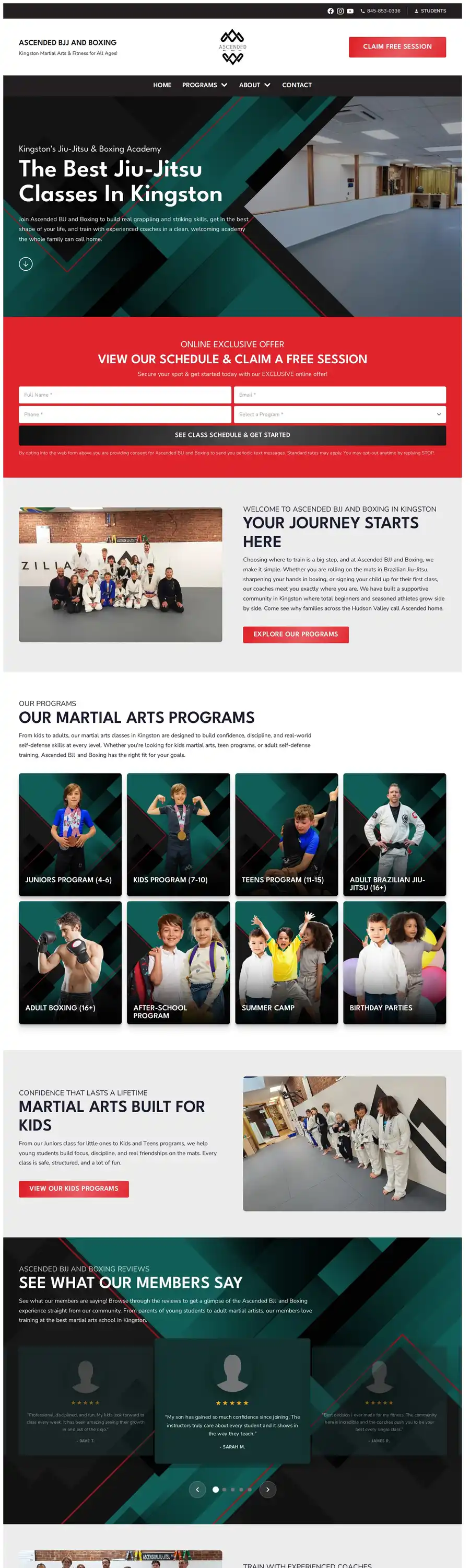 The full homepage of Ascended BJJ's website, ascensionbjjny.com, designed by Veuze Media