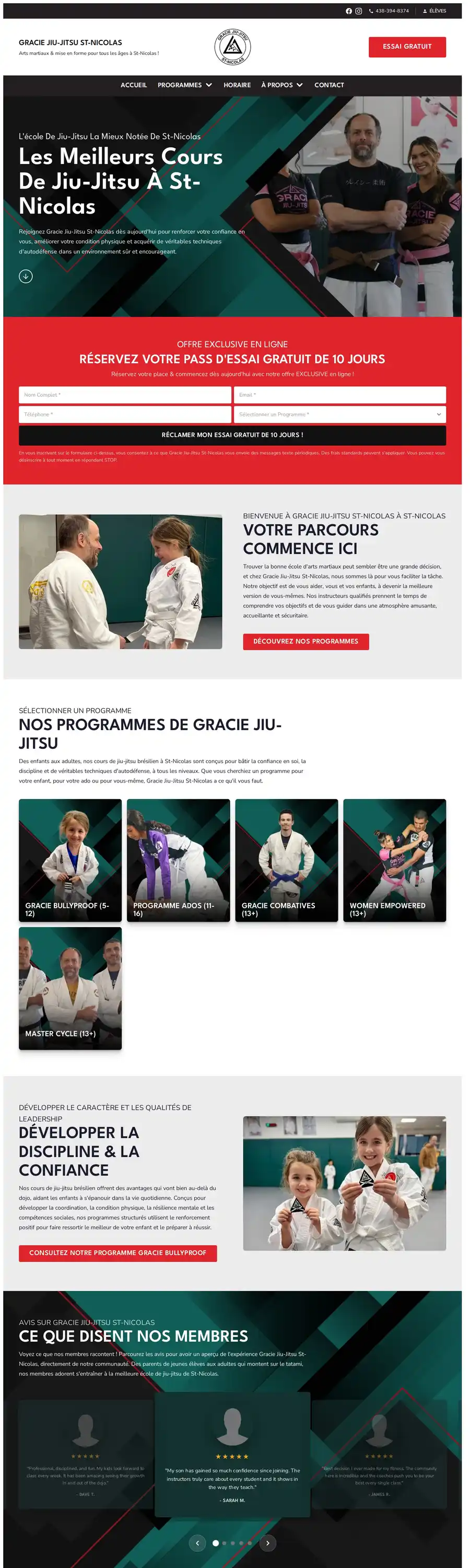 The full homepage of Gracie Jiu Jitsu St. Nicolas's website, graciejiujitsustnicolas.com, designed by Veuze Media