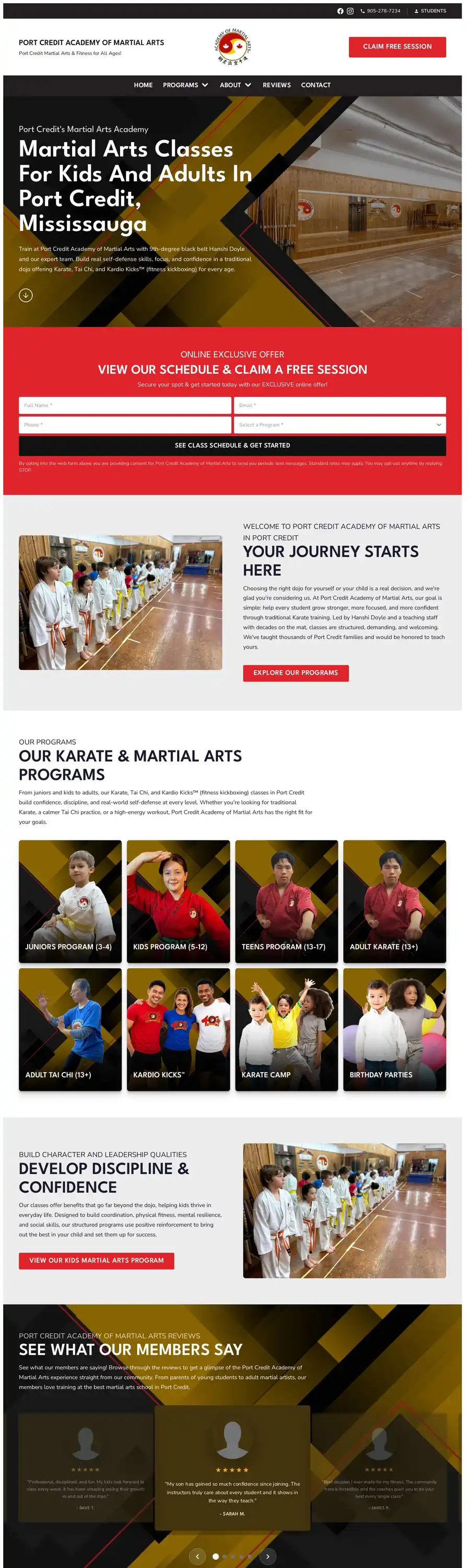 The full homepage of Port Credit Academy of Martial Arts's website, academyofmartialarts.ca, designed by Veuze Media