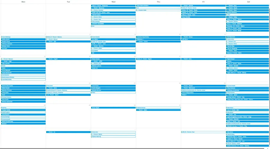 Port Credit Academy's trial calendar, full across the week
