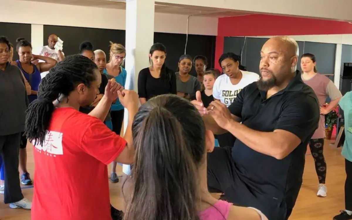 Moses teaching a packed adult class at River City Kung Fu