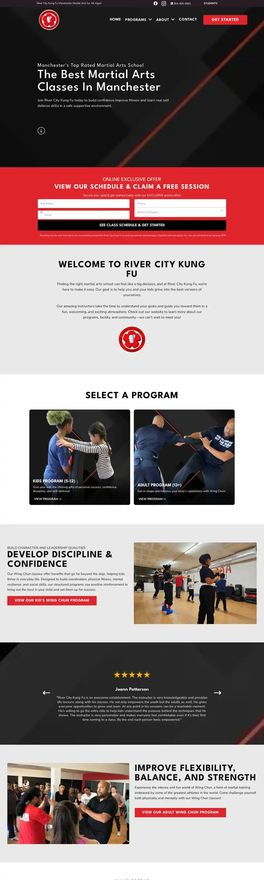 The full homepage of River City Kung Fu's website, rckungfu.com, designed by Veuze Media
