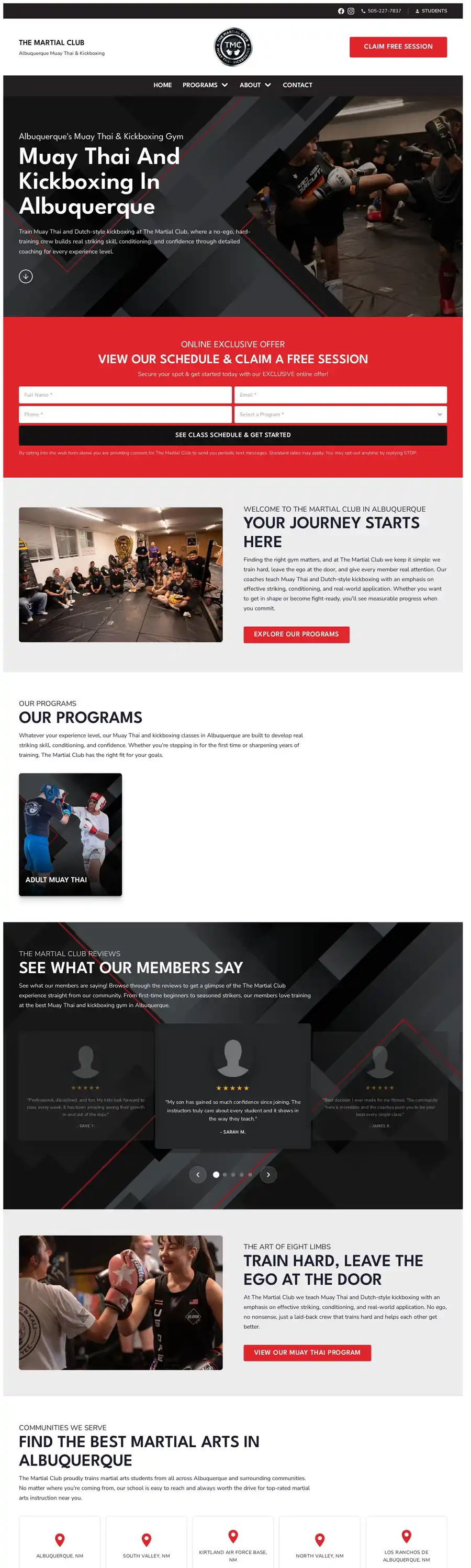 The full homepage of The Martial Club's website, themartialclub-nm.com, designed by Veuze Media