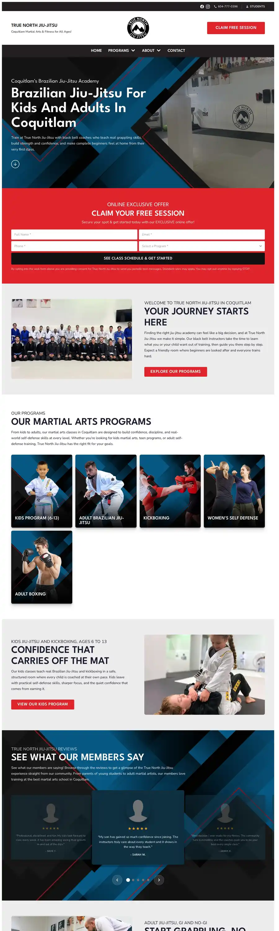 The full homepage of True North Jiu-Jitsu Academy's website, truenorthbjjacademy.com, designed by Veuze Media