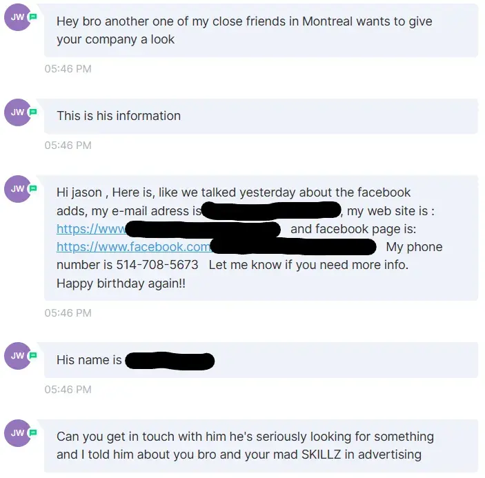 Jason referring a friend who runs a school in Montreal