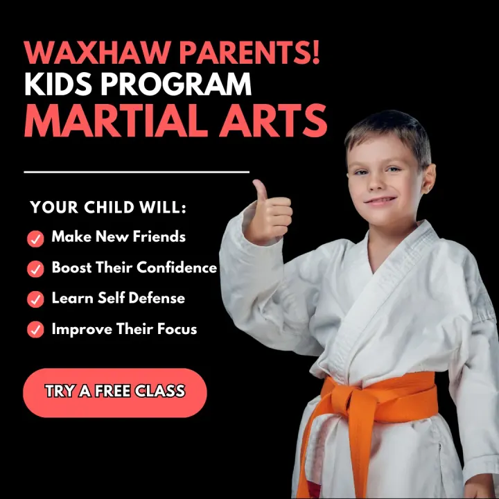Facebook ad: a boy in a white gi gives a thumbs up. Text reads Waxhaw parents! Kids program martial arts. Your child will make new friends, boost their confidence, learn self defense and improve their focus. Try a free class.