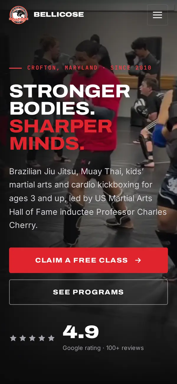 Bellicose Martial Arts website on a phone