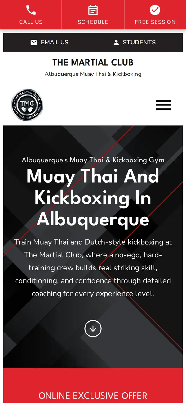 The Martial Club website on a phone