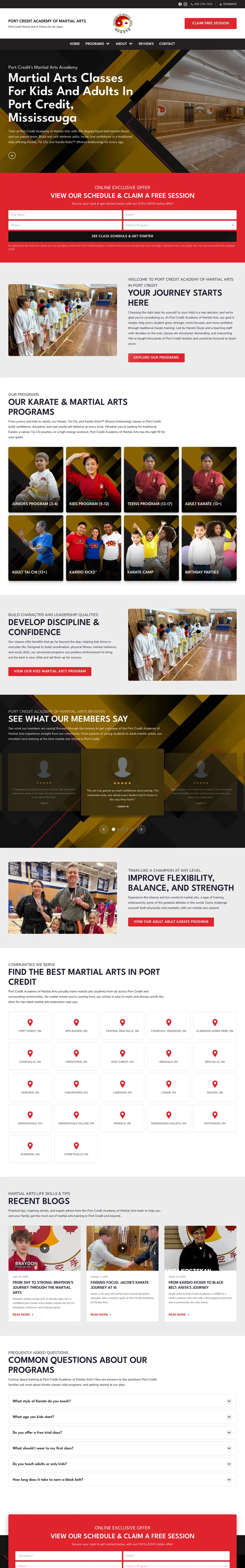 The full Port Credit Academy homepage, section by section