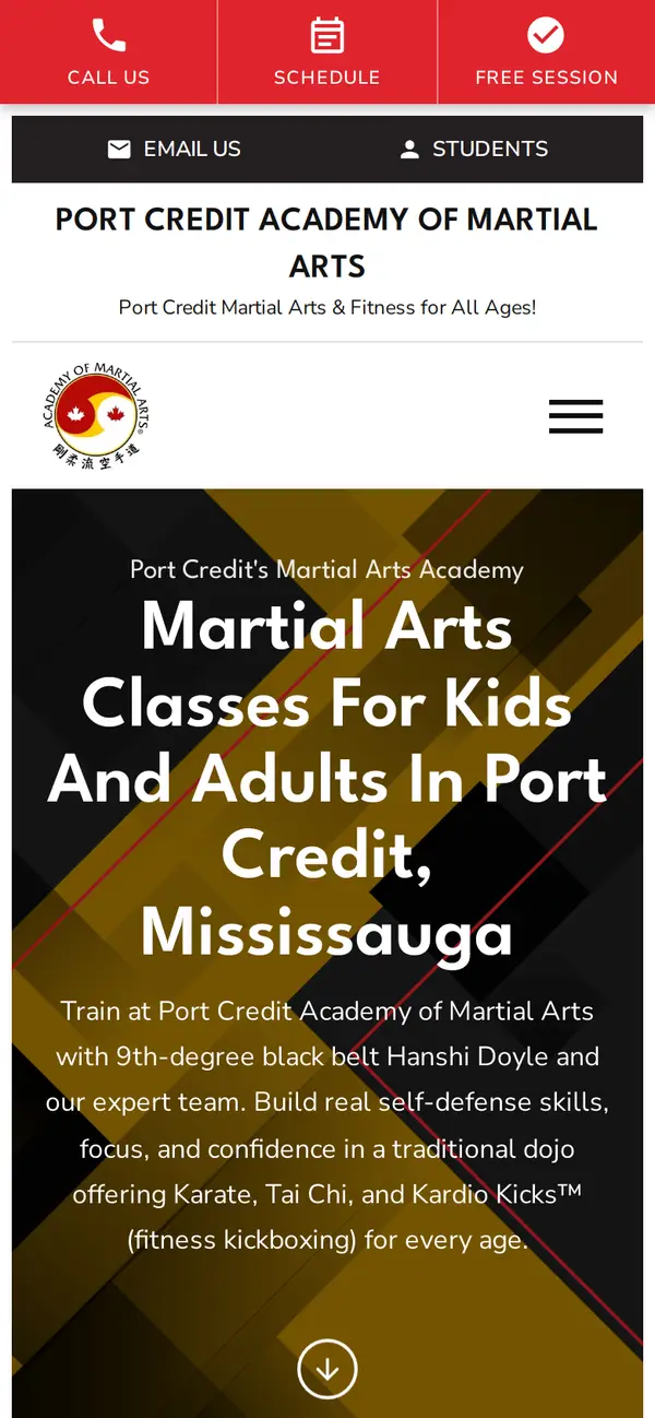 Port Credit Academy website on a phone