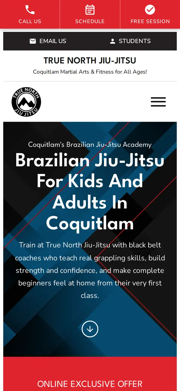 True North Jiu-Jitsu on a phone: the headline and the free session form in the first screen